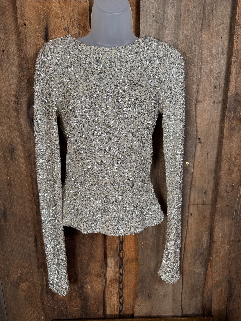Free People Sequin Long-Sleeve Crewneck Top in Silver